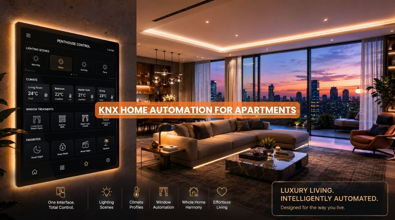 An open layout premium penthouse displaying integrated multi zone automation panels built for a knx home