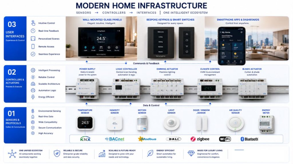 A detailed technical layer diagram tracking infrastructure components for smart home automation india