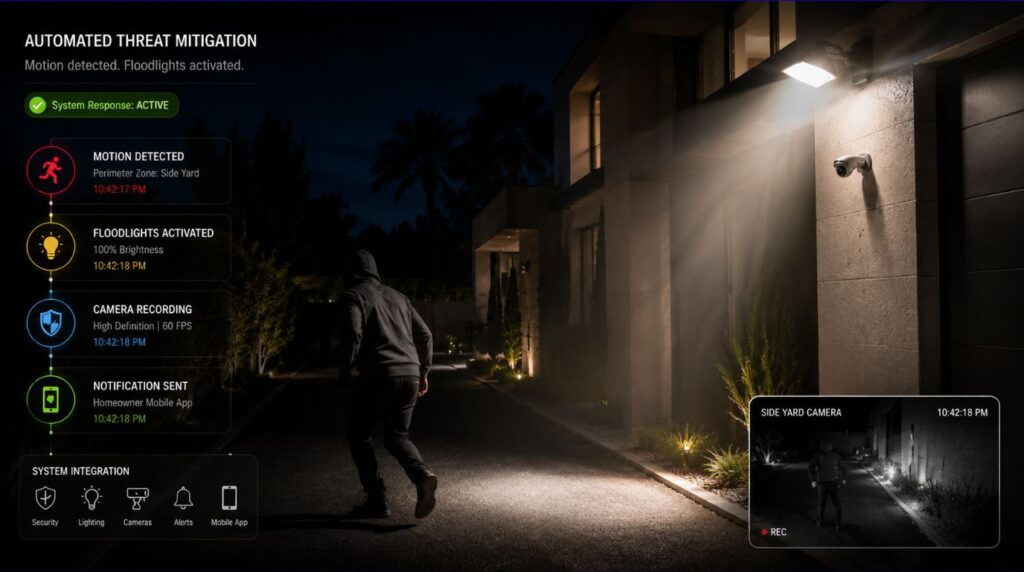 Automated exterior security floodlights activating instantly through an integrated home security system