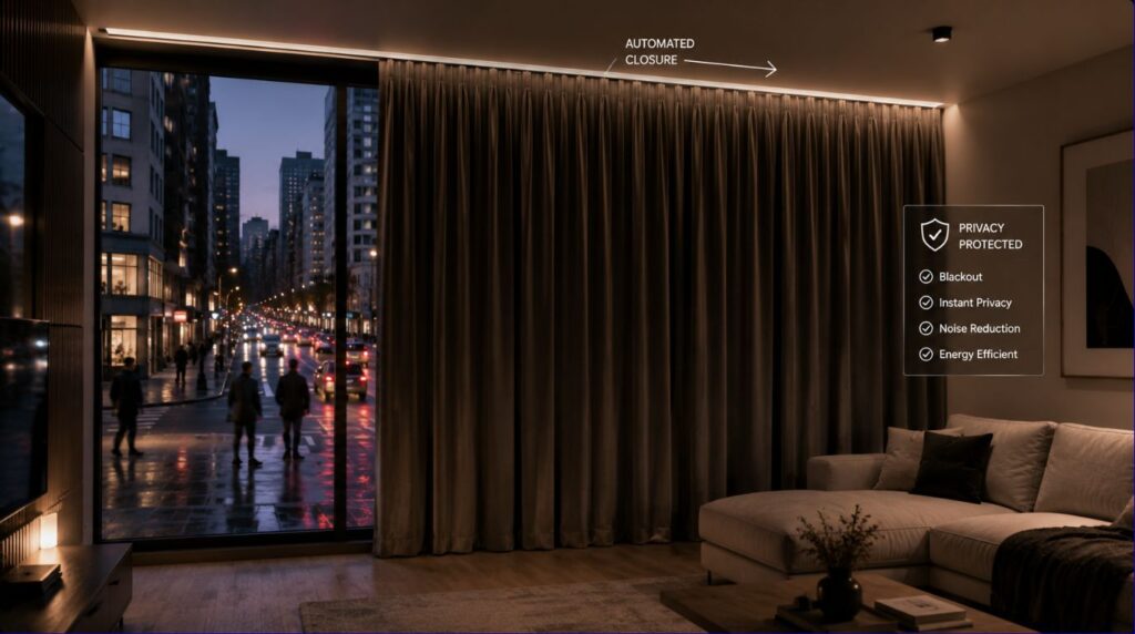 Heavier fabric layers automatically gliding shut to isolate a street facing room using smart home curtains