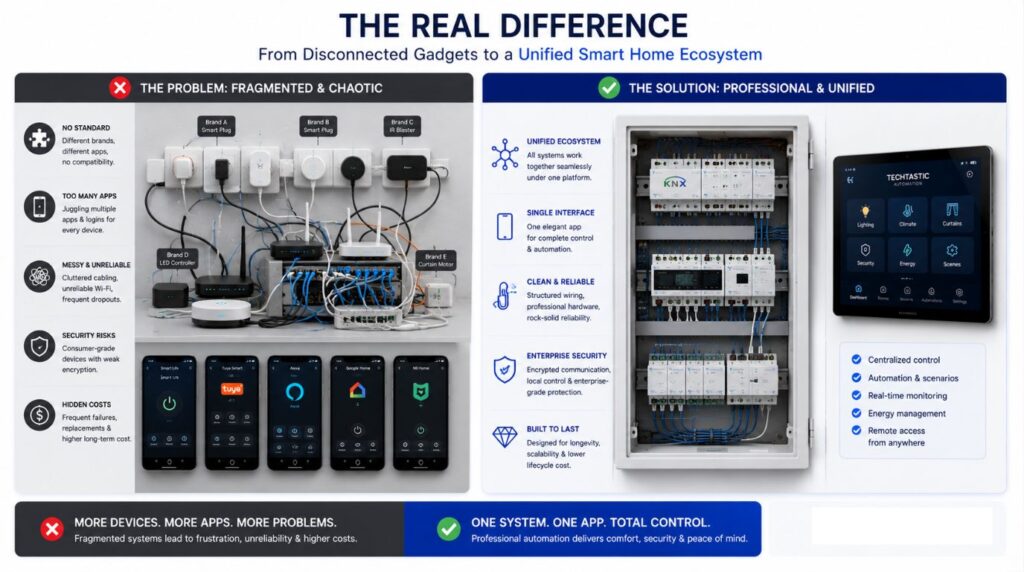 A split comparison graphic showcasing chaotic piecemeal gadgets versus a streamlined professional plan for smart home automation india
