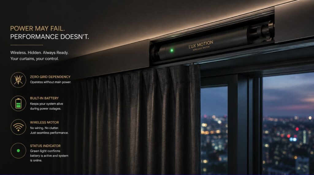 A hidden internal battery backup module maintaining normal wireless scheduling routines for a modern smart curtain.