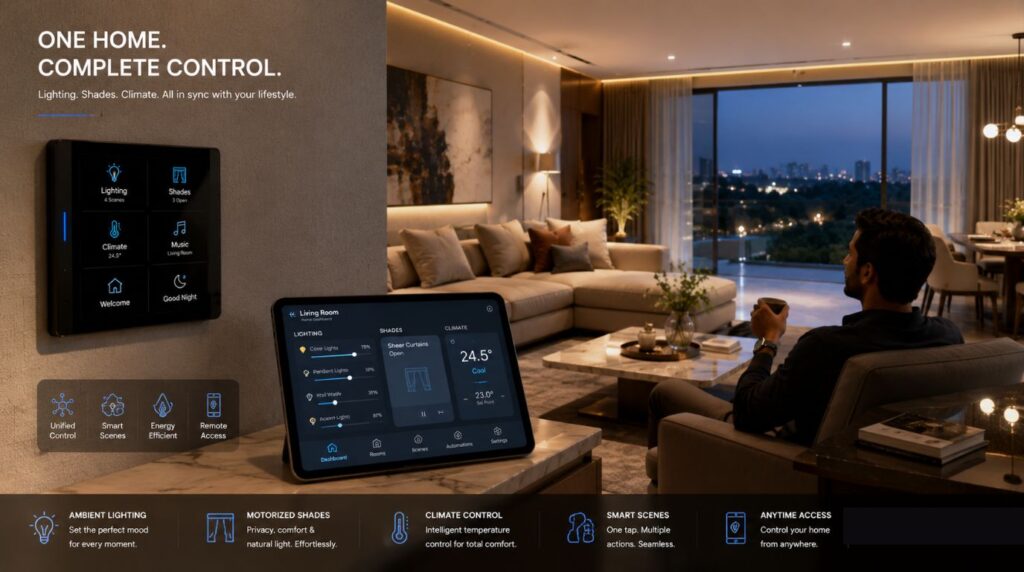 A luxury residential living room showcasing seamless design and user experience integration for smart home automation india