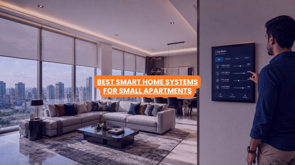 A modern luxury urban living space showcasing integrated smart home systems for apartments to maximize convenience