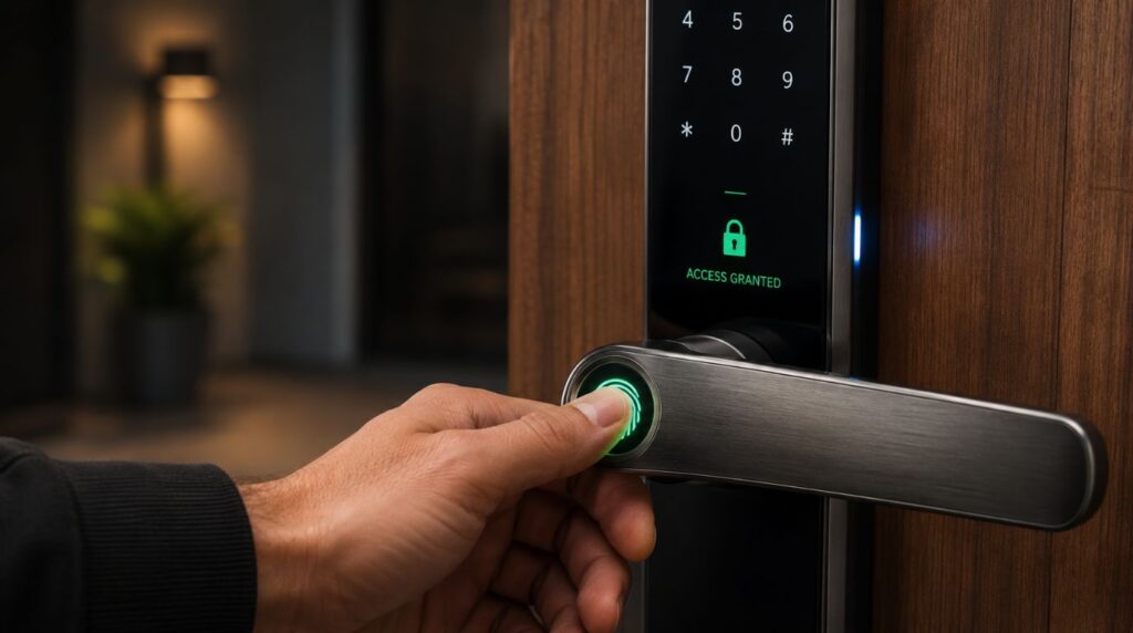 A close-up of biometric fingerprint verification on a secure smart door lock for a luxury residential property.