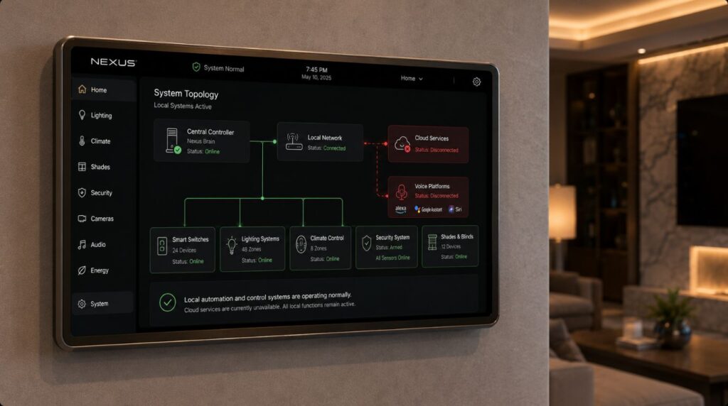 A central home controller showing stable local system loops despite external smart home connectivity issues