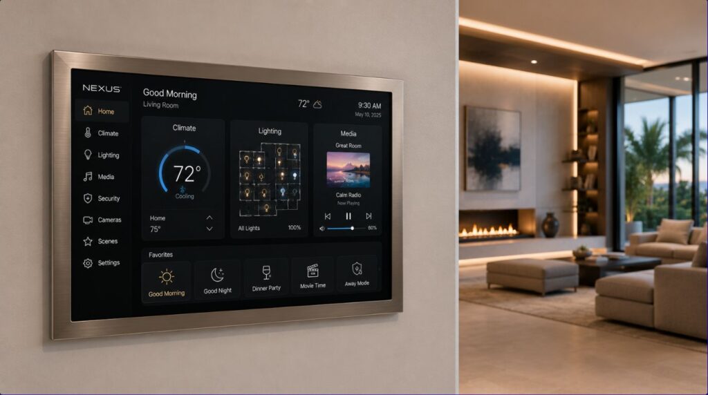 A flush wall control touchscreen panel reflecting professional system integration and high smart home value