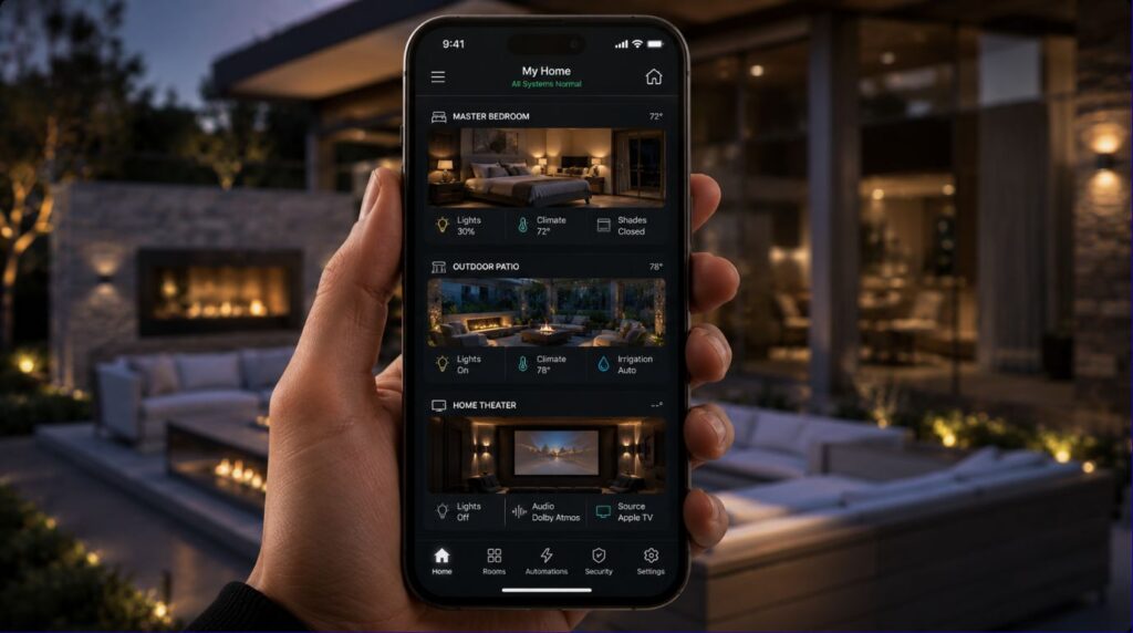 A unified mobile software interface displaying multi room status monitoring inside a knx smart home