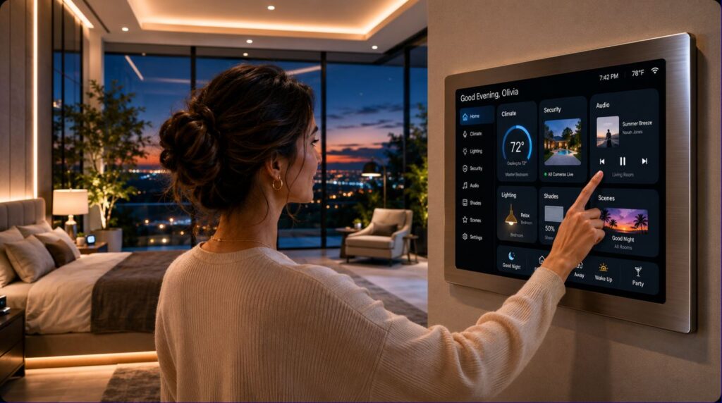 A high definition in wall touch control dashboard managing a premium luxury smart home system