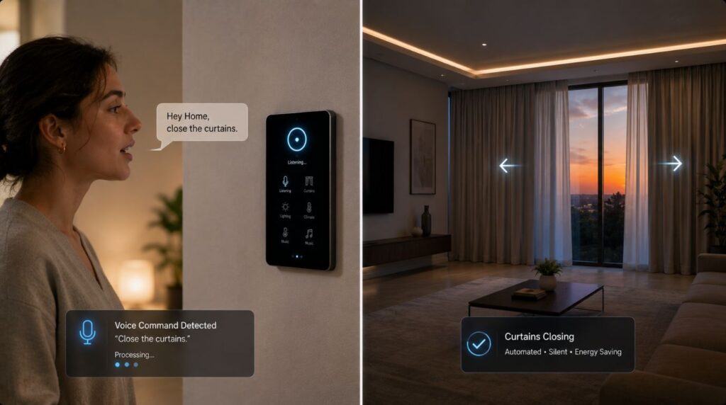 An infographic panel comparing manual speech commands from voice assistants against automated home background scenes