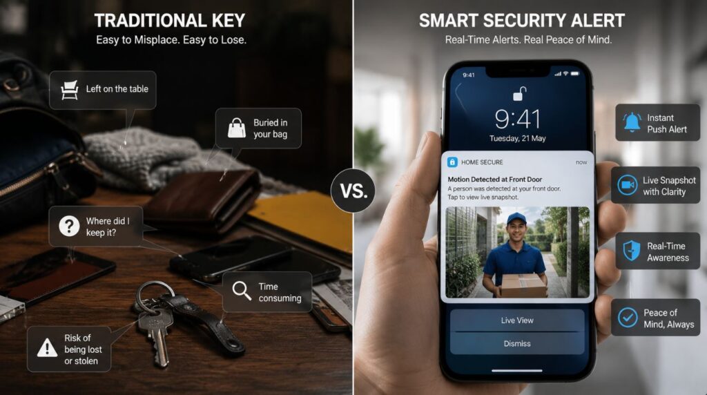 An infographic panel comparing limited visibility of traditional hardware against real time alerts from smart home security