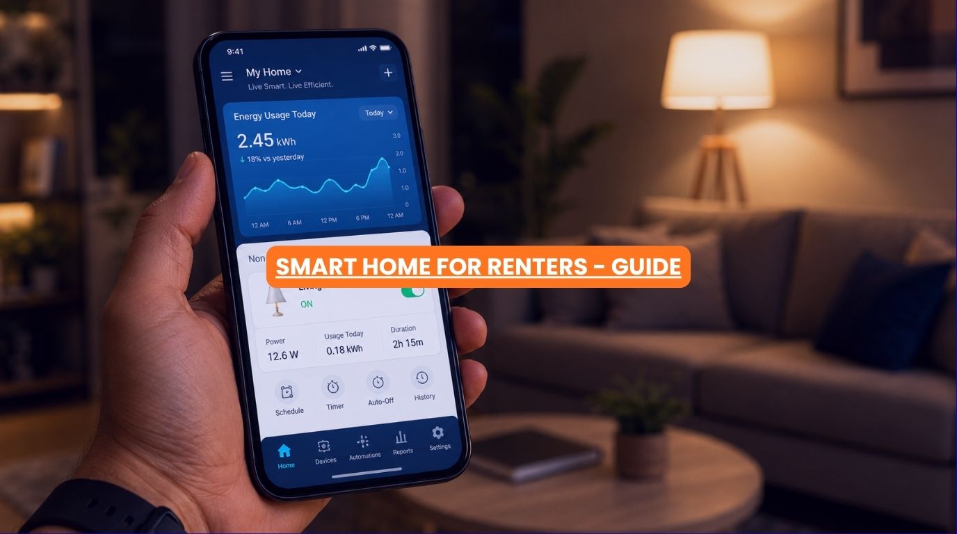 A mobile app interface controlling wireless appliances to demonstrate the ease of setting up a smart home for renters