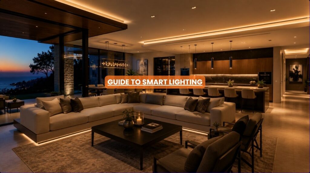 An architectural open concept living space illuminating different zones with automated layers of home smart lighting