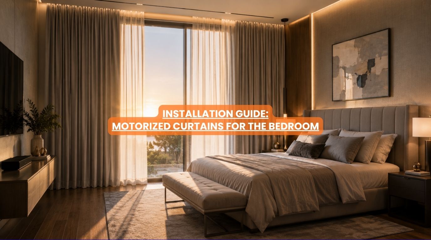 A bright luxury master suite with automated window treatments displaying the installation of motorized curtains for the bedroom.