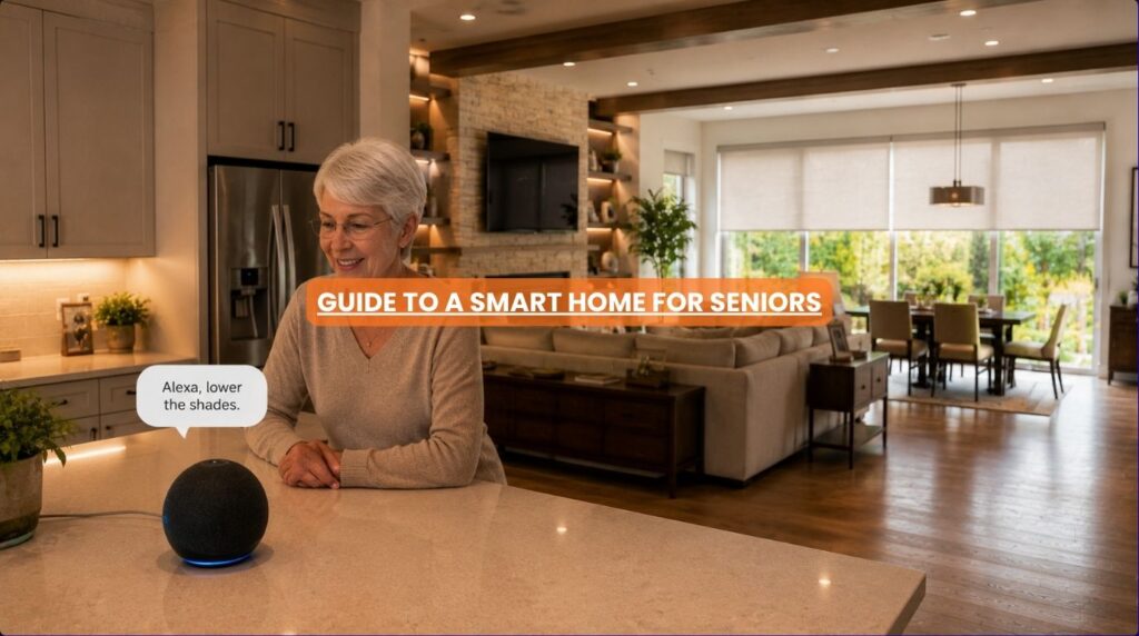 An aging parent comfortably managing an independent lifestyle inside a safe smart home for seniors