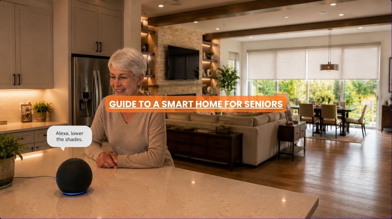 An aging parent comfortably managing an independent lifestyle inside a safe smart home for seniors