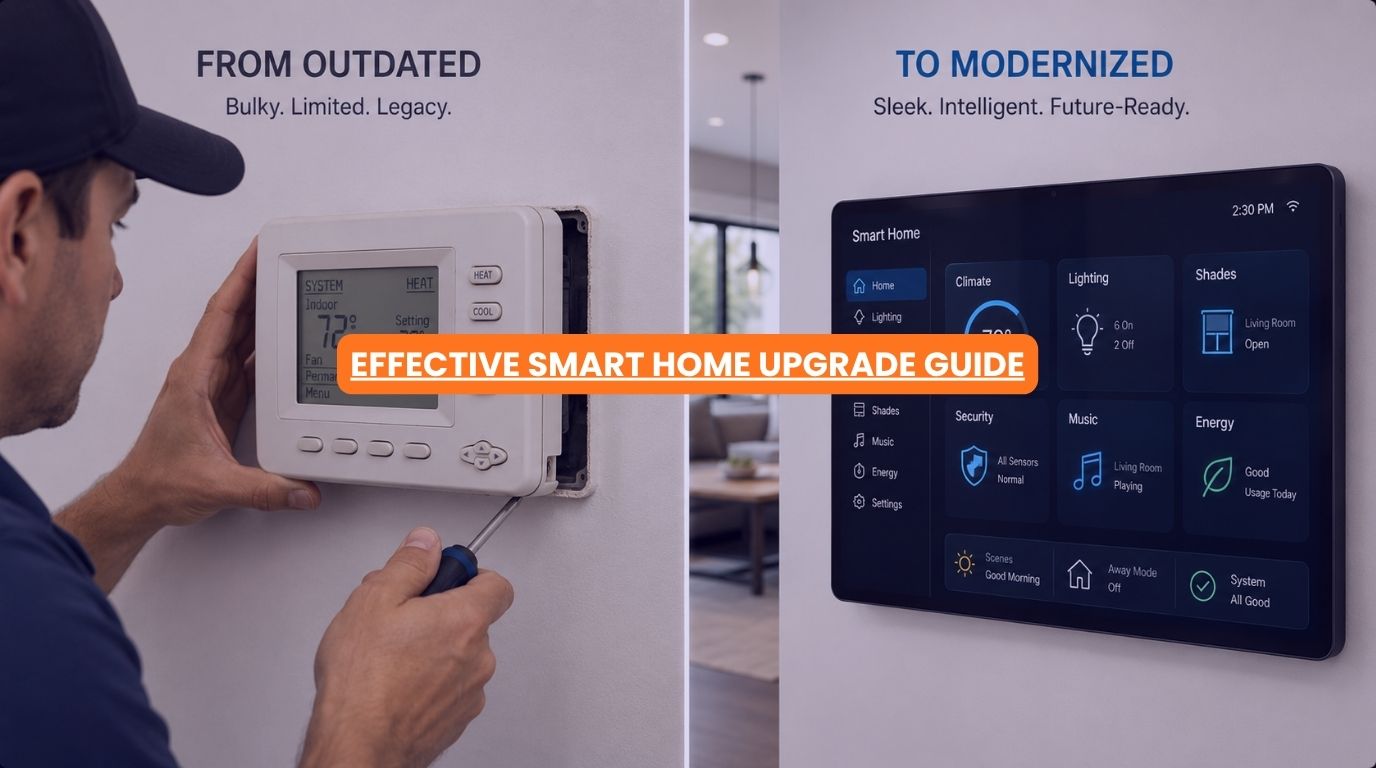 An old automation panel being replaced by a modern touch screen interface during a smart home upgrade