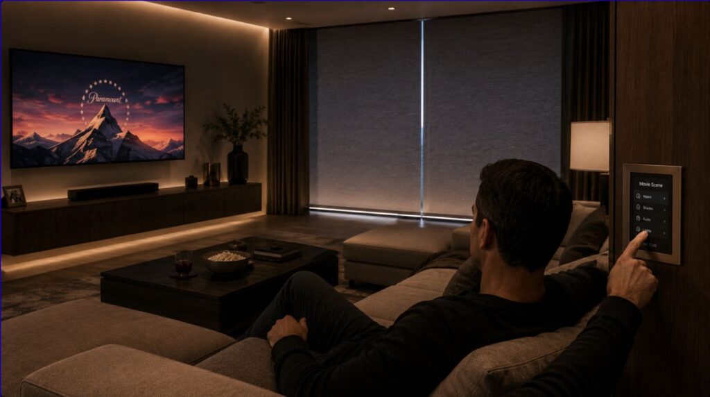 A cozy home theater environment closing out external sunlight completely using automatic curtains