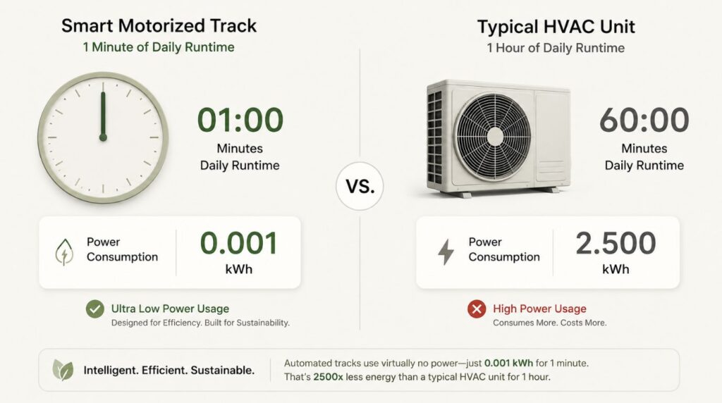An infographic tracking daily kilowatt hour electricity consumption for premium motorized curtain systems