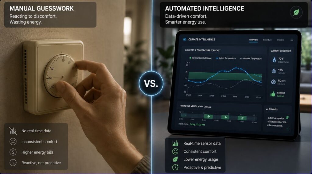 A side by side illustration comparing manual guesswork with smart data driven management of indoor air quality