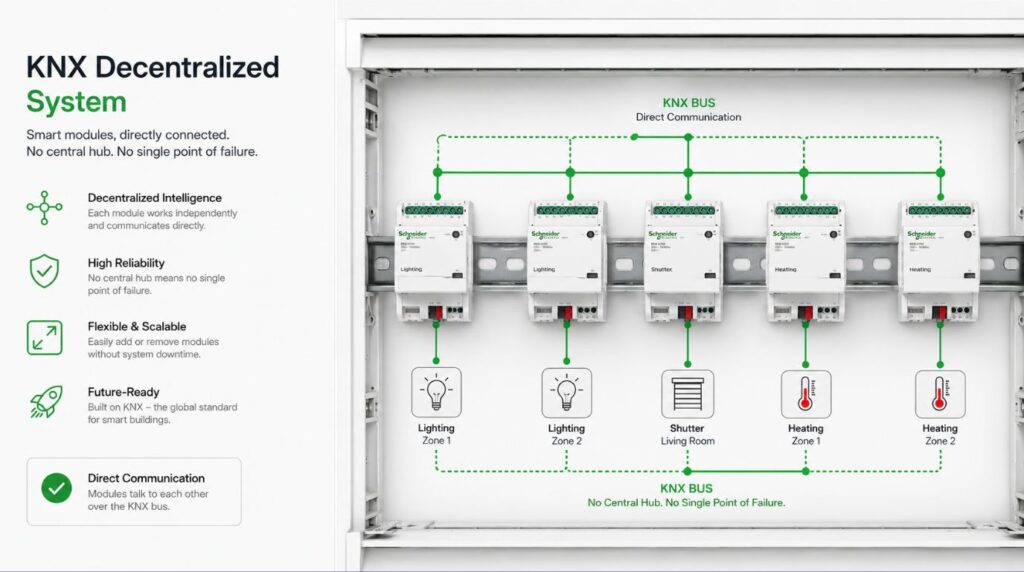 An engineering diagram highlighting the isolated node pathways built into a decentralized knx home automation system