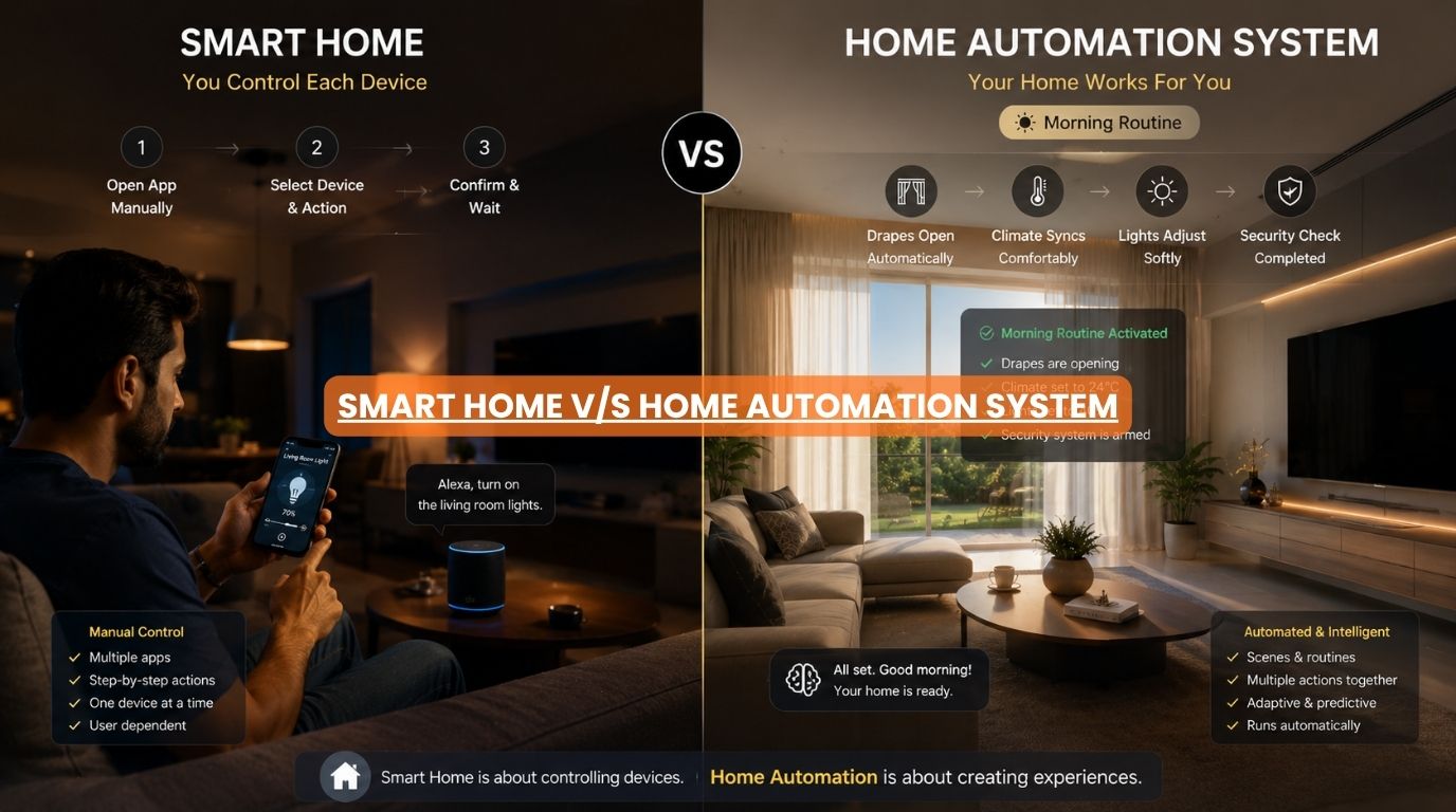 A split infographic contrasting manual phone device control with an intelligent automated home automation system environment
