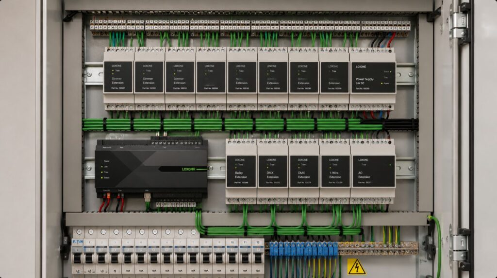An open standard green bus line wired into professional control hardware for a knx automation system