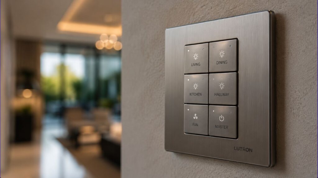 An architectural metal control keypad representing the longest lasting smart home devices
