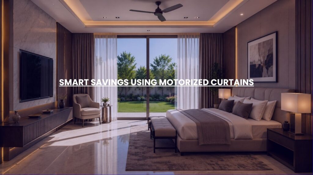 A high-end bedroom layout showcasing clean architectural track installations for motorized curtain systems