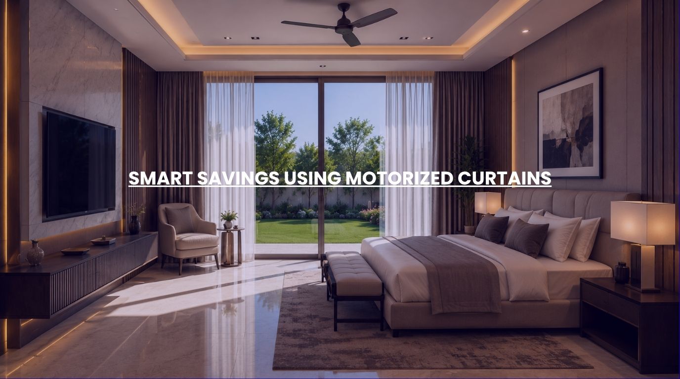 A high-end bedroom layout showcasing clean architectural track installations for motorized curtain systems
