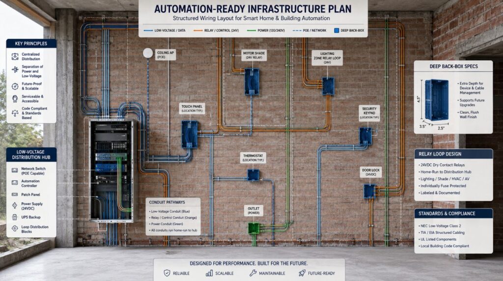 An engineering electrical wiring plan showing structured power paths that fulfill modern smart home system requirements.