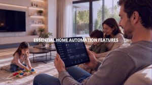 A modern family living room utilizing centralized home automation features for daily comfort and safety