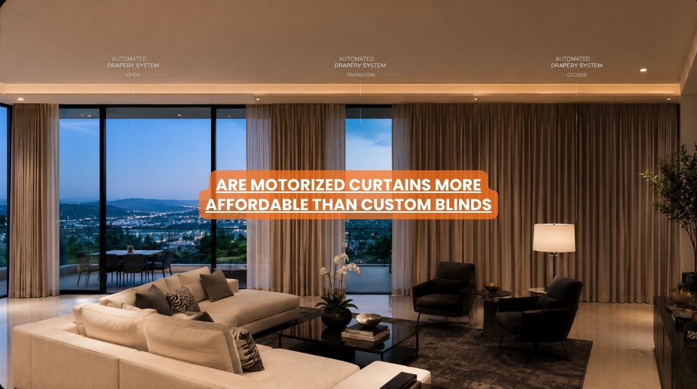 A high end modern home interior showcasing premium fabric drapery tracks while evaluating motorized curtains cost