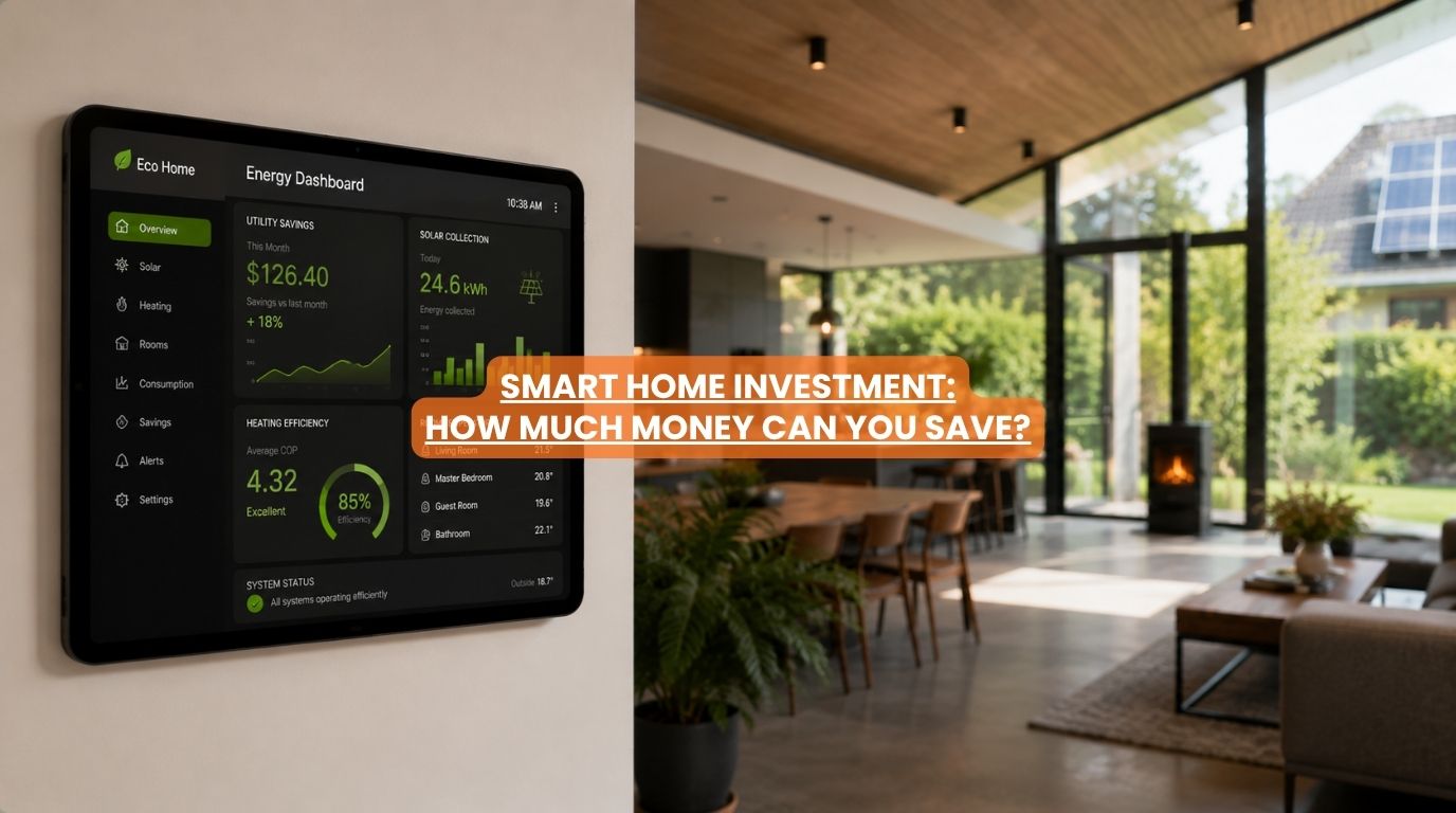 An energy analytics dashboard on a clean wall measuring utility savings from a smart home investment