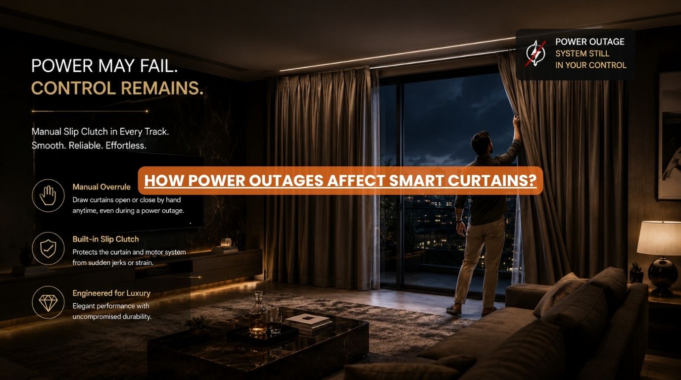A homeowner manually operating an elegant living room window treatment during a power outage to show smart curtain override safety
