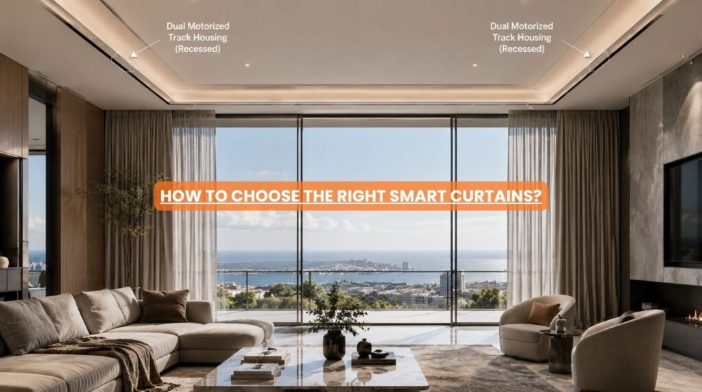 An open layout architectural living space showcasing an integrated luxury smart curtain system