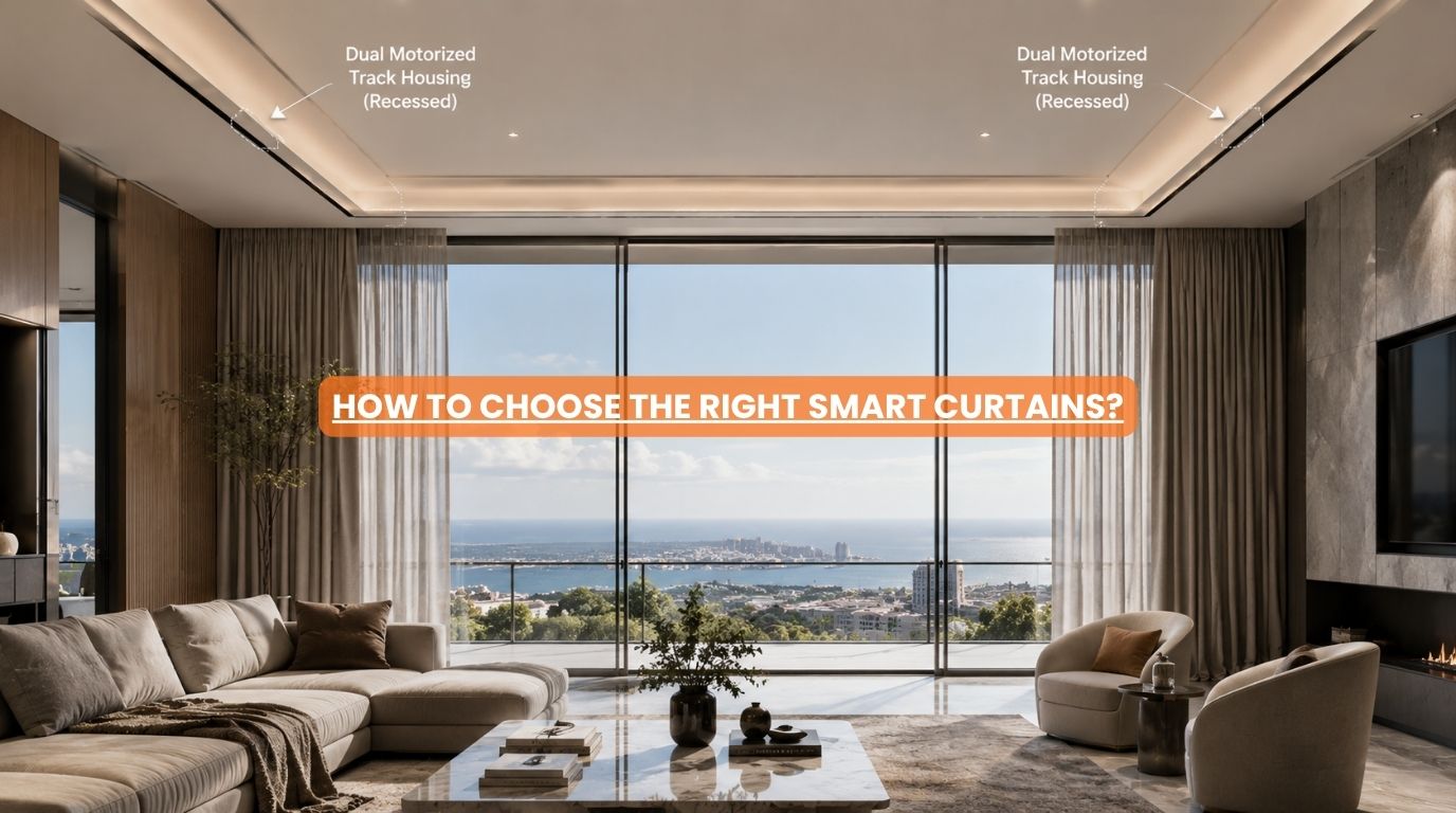 An open layout architectural living space showcasing an integrated luxury smart curtain system