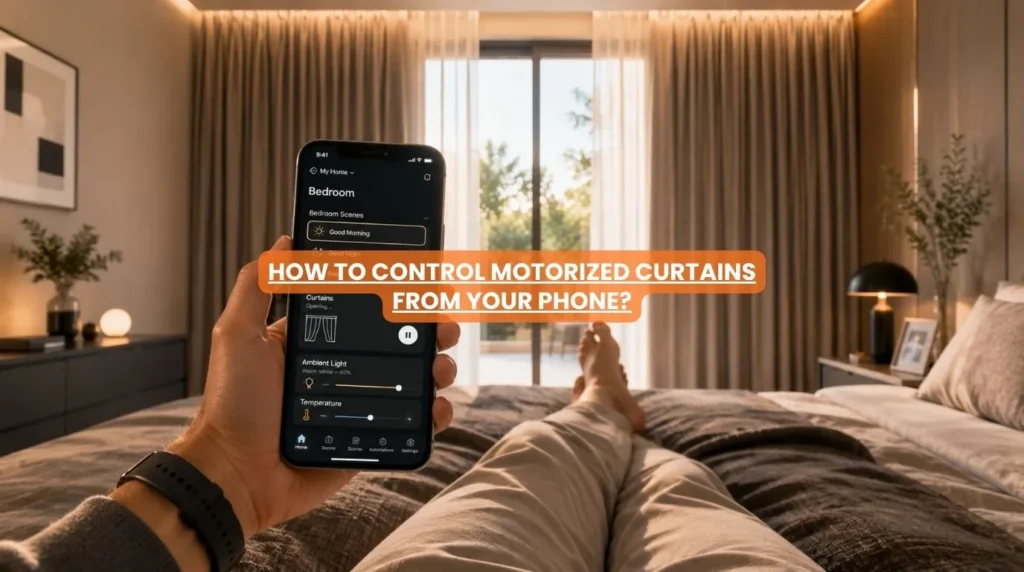 A homeowner using a mobile application to control motorized curtains in a luxury master bedroom