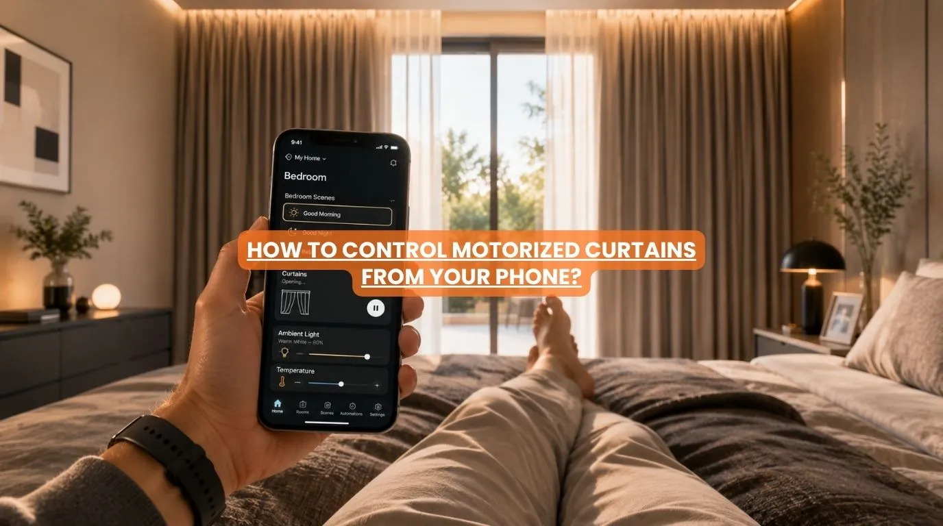A homeowner using a mobile application to control motorized curtains in a luxury master bedroom