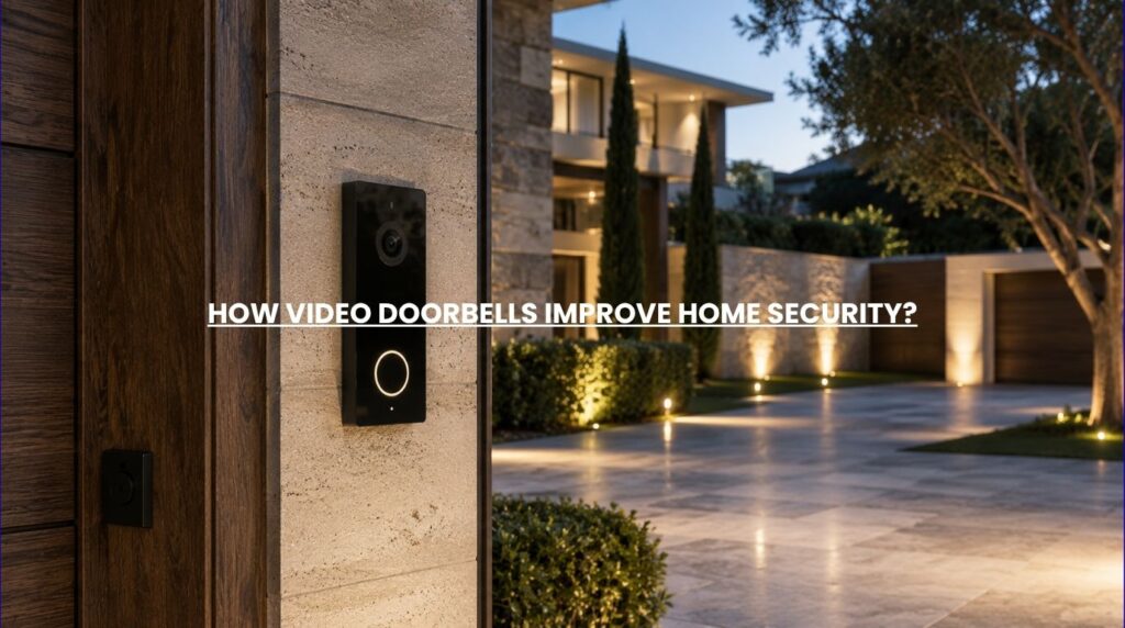 A premium smart home entryway equipped with modern video doorbells for real time front door monitoring