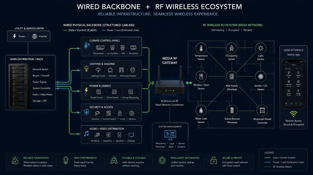 An engineering topology diagram demonstrating a hybrid deployment combining wired bus lines with RF nodes in knx systems