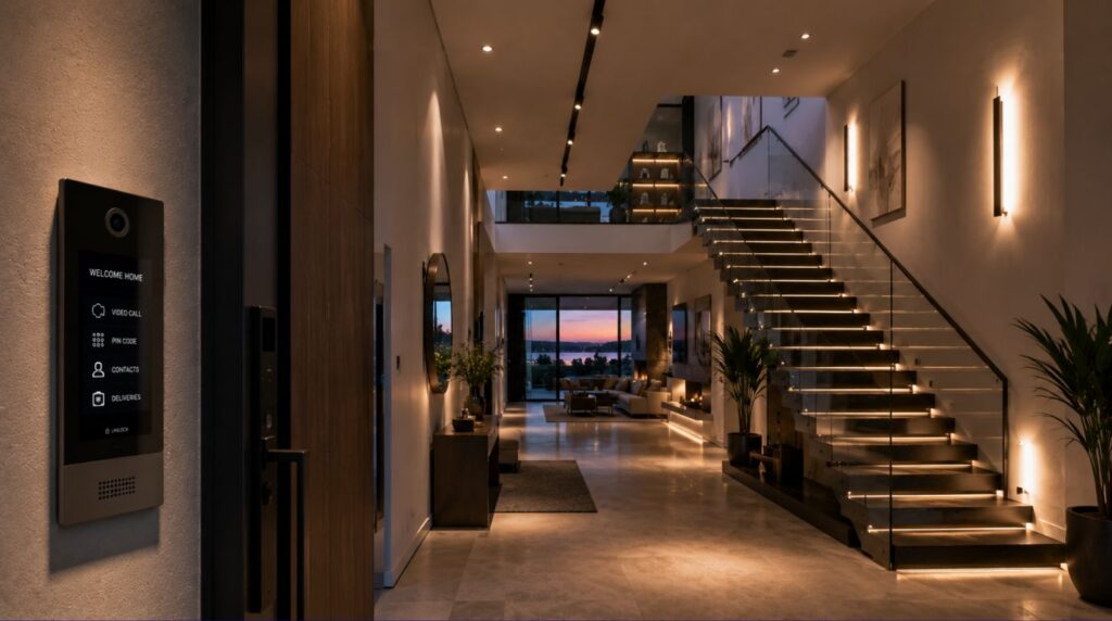 A high end residential hallway showing off modern automation integrations that back up a smart home investment.
