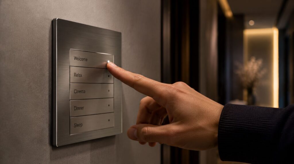 An elegant engraved luxury wall keypad providing easy mechanical access inside a clean smart home setup
