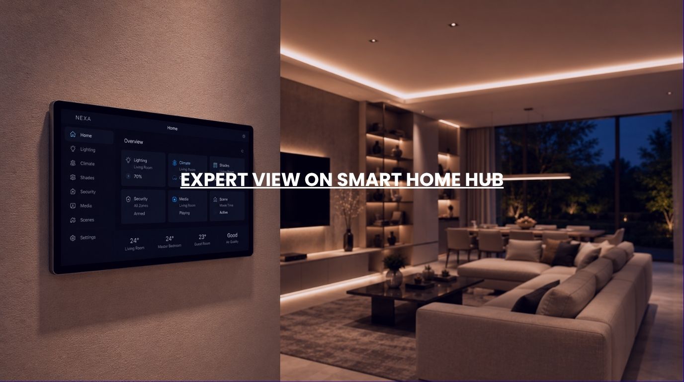 An elegant centralized automation panel acting as a smart home hub to control luxury residential lighting and climate utilities