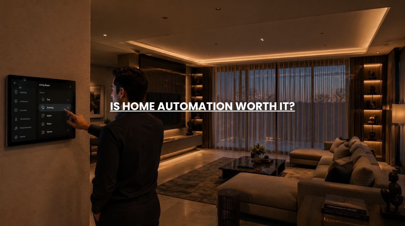 A luxury residential living space with integrated smart systems displaying why is home automation worth it for long term property value