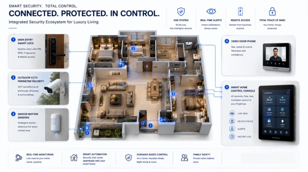 An integrated security ecosystem diagram tracking locks and cameras through smart home automation india