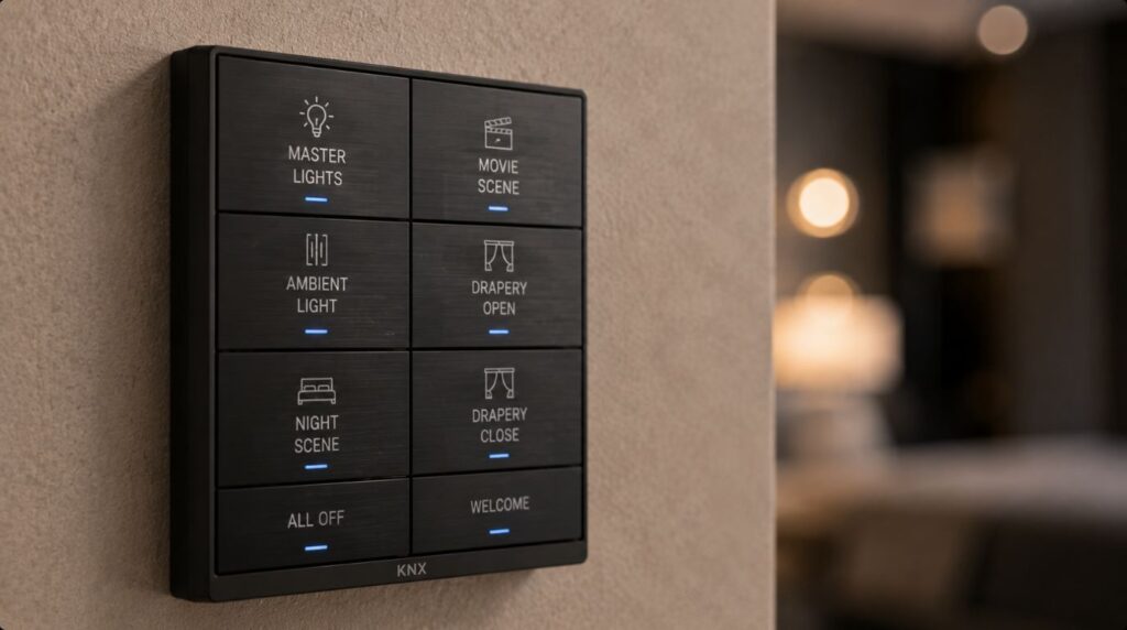 An elegant wall mounted KNX smart keypad displaying specific control scenes for an electric curtain