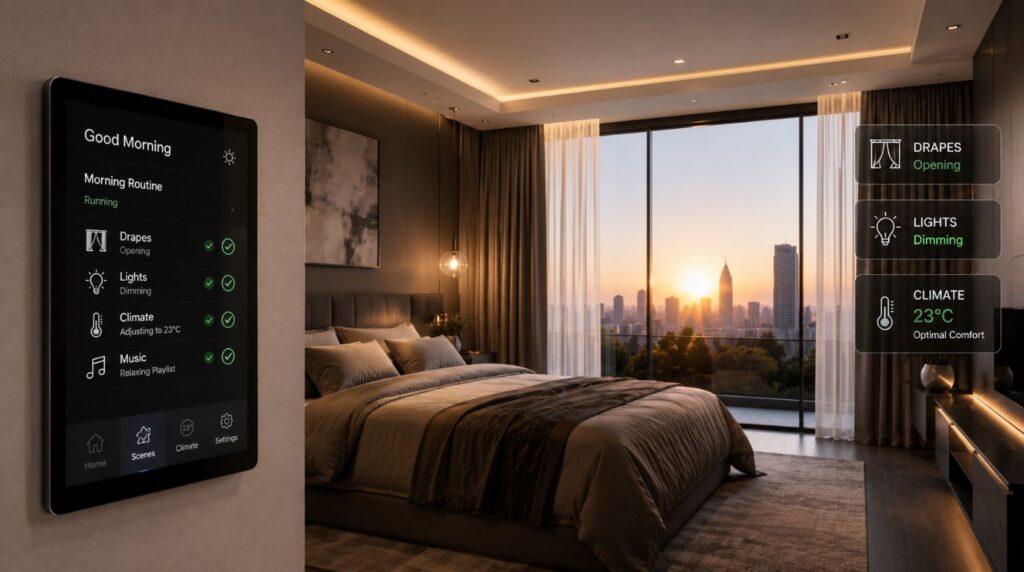 A bedside wall automation interface coordinating a bedroom scene using an integrated smart curtain system