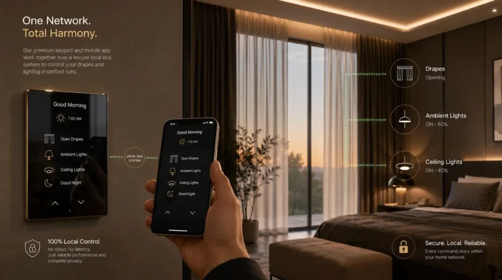 A synchronized KNX smart home system keypad and phone interface used to control motorized curtains simultaneously.