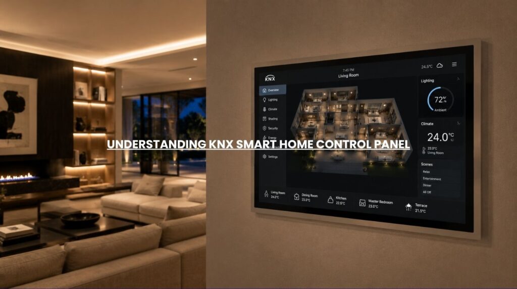 An elegant wall mounted smart home control panel displaying a premium unified knx visualization interface
